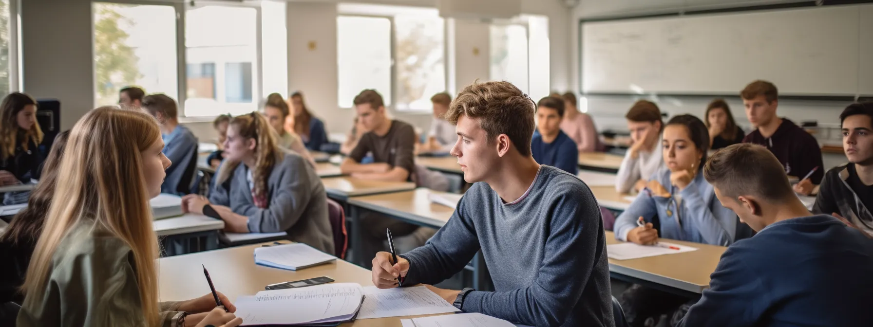 a group of students sitting in a classroom, eagerly taking notes while a instructor teaches them about seo.