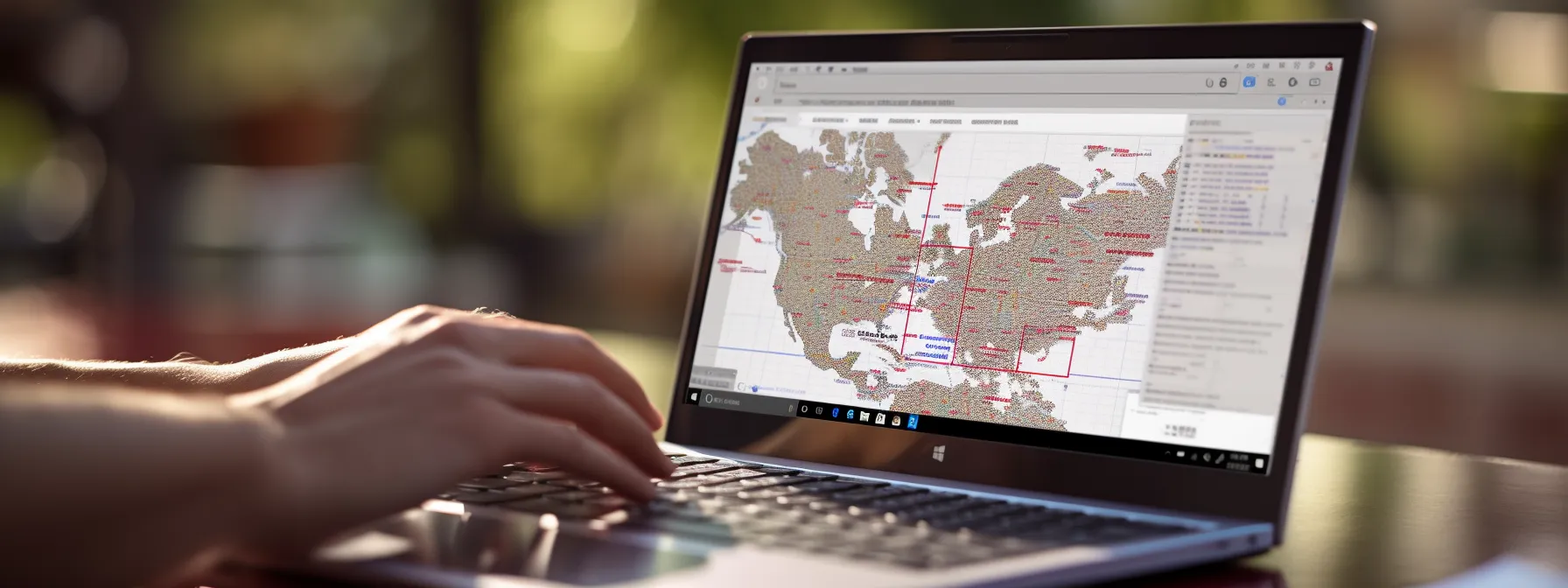 a person conducting market research on a laptop with a map and search engine results visible in the background.