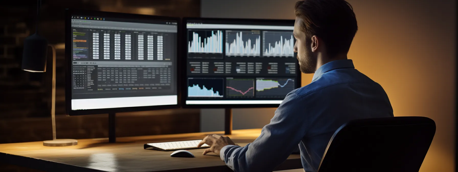 a person sitting at a computer screen, conducting keyword research using a keyword research tool.