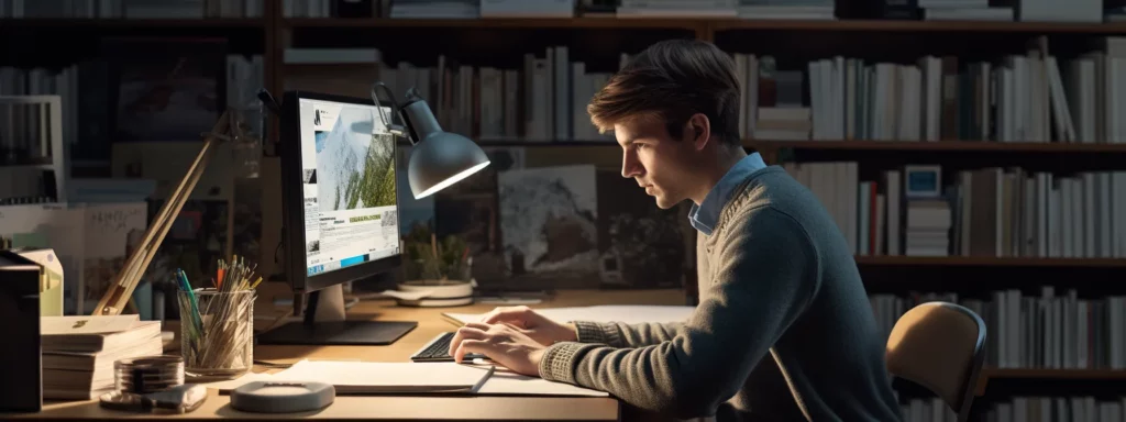 a person sitting at a desk with a computer, surrounded by books and notes on search engine optimization.
