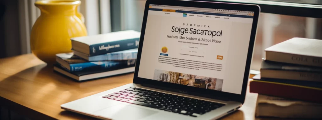a laptop displaying a webpage with the headline "complete guide to master seo with free certification course" surrounded by books and notes.