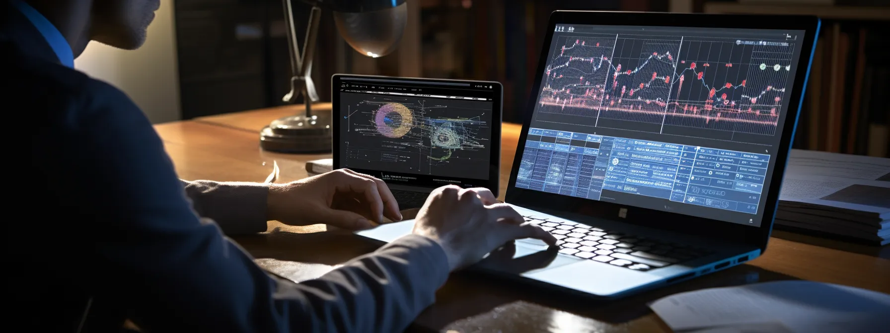 a person studying seotheory with a laptop open, surrounded by various seo tools and resources.