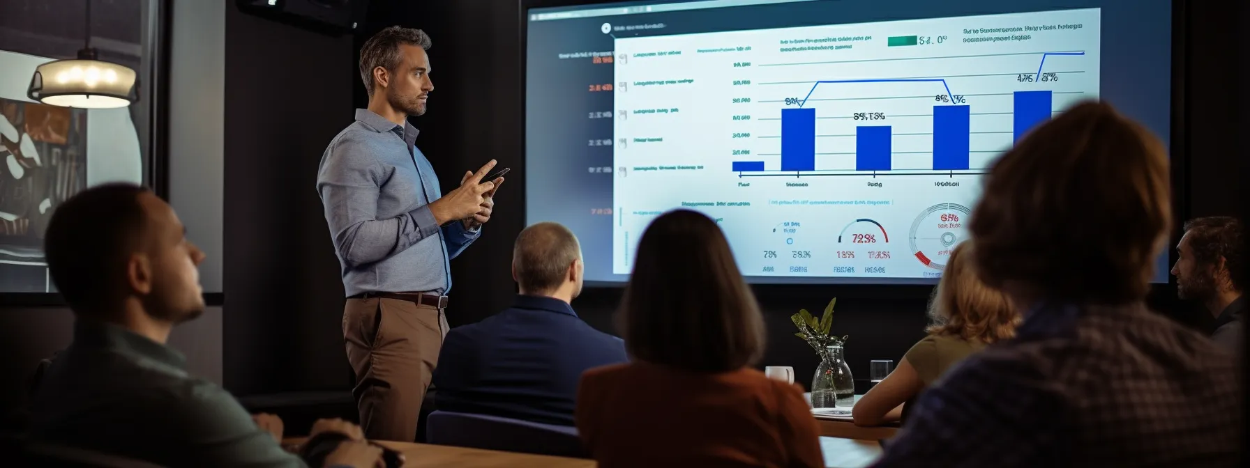 a person presenting a customized seo report to an attentive audience.