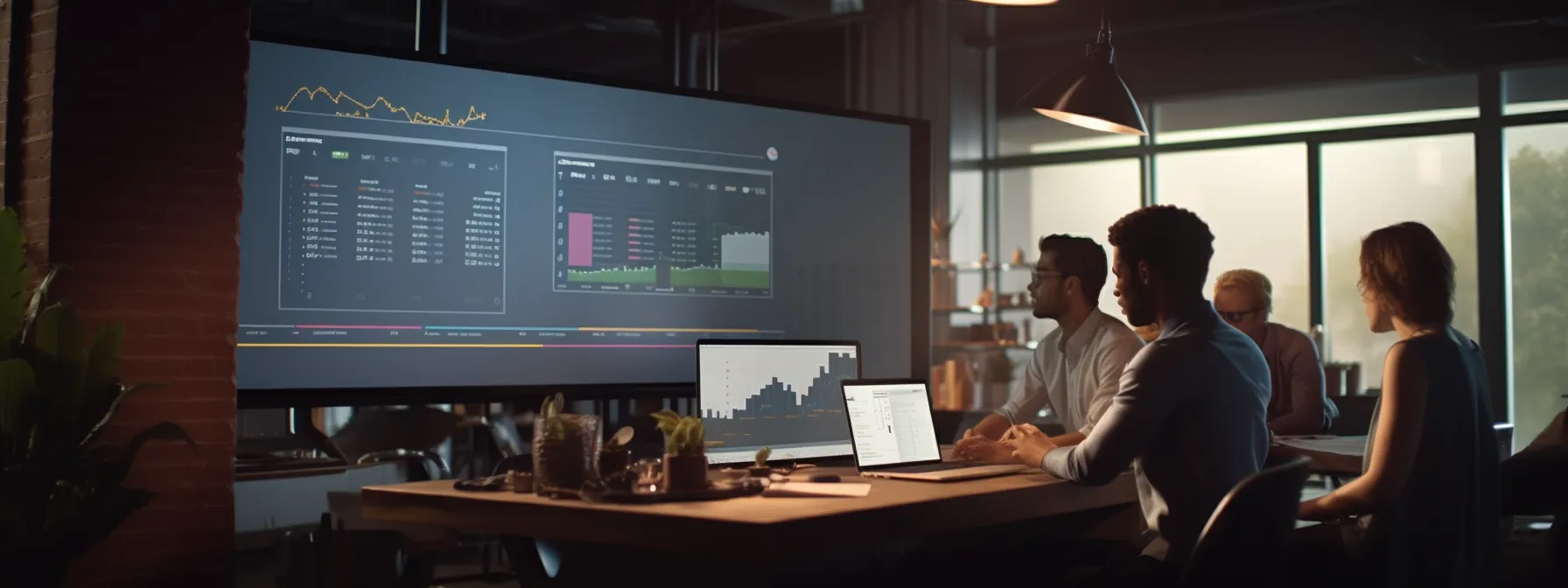 a group of marketers analyzing social media data on a large screen in a modern office setting.