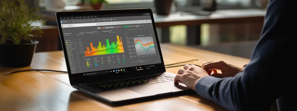 a person typing on a laptop with social media icons and analytics charts on the screen.