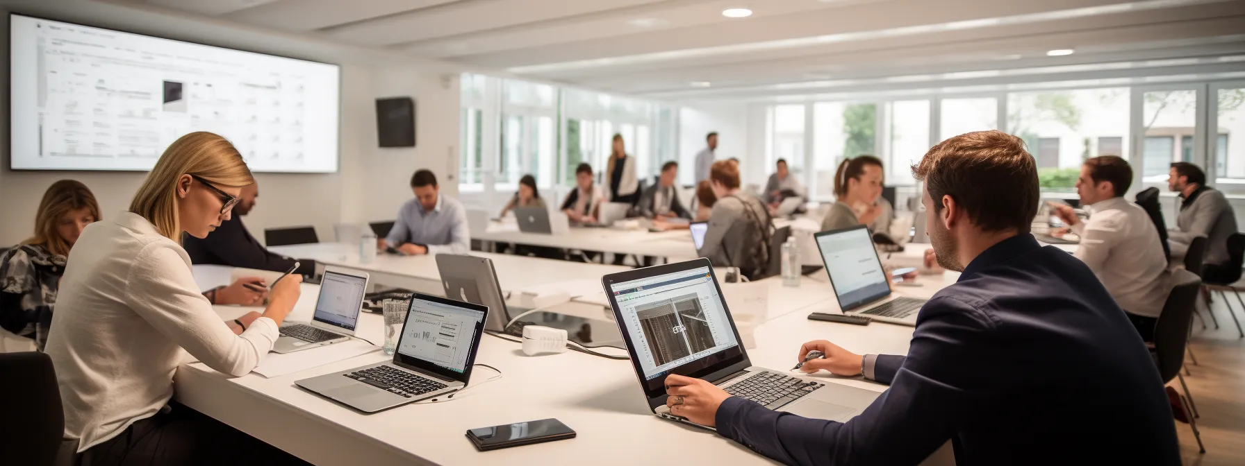 professionals in a classroom setting, engaged in a mobile user experience: advanced seo course, learning about mobile optimization techniques to enhance their online presence and increase organic traffic for business growth.