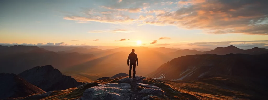 a silhouette of a person standing on a mountaintop, surrounded by a breathtaking sunset.