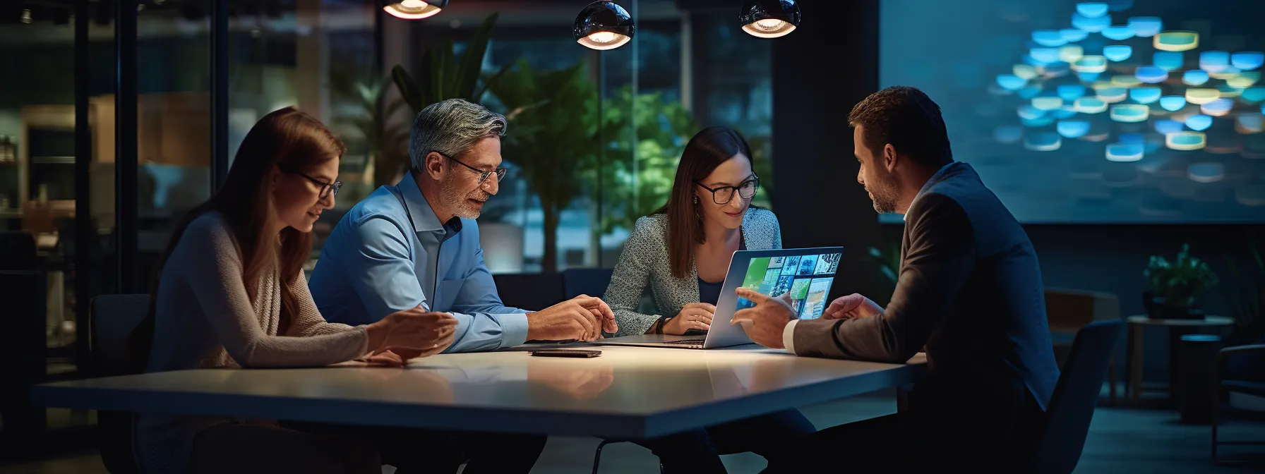 a group of professionals deep in conversation while studying advanced seo concepts on a computer screen.