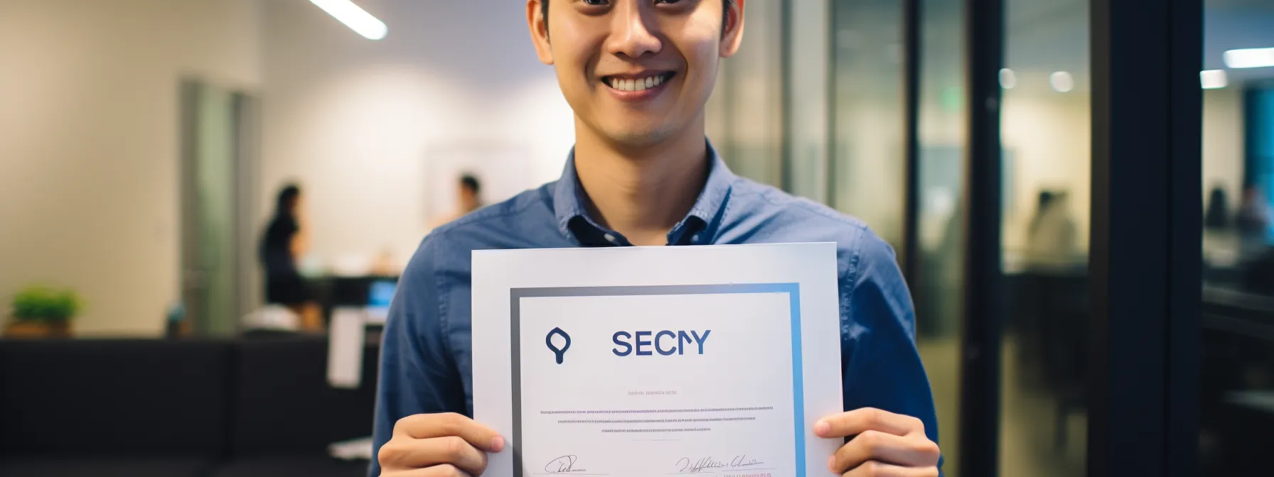 a person proudly holding an seo certification from seotheory, representing their proficiency in digital marketing and opening doors to career advancement.