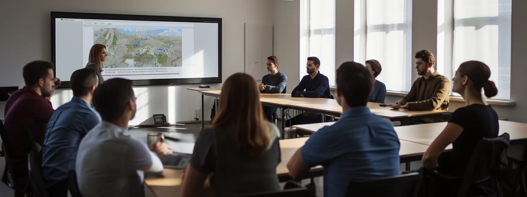 a group of trainees sitting in a classroom, with a digital presentation on a screen, listening attentively to their instructor.