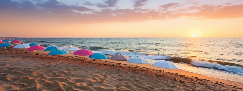 a serene beach at sunset with colorful umbrellas scattered along the shoreline.