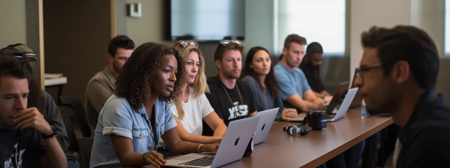 a group of students attentively listening to an expert seo instructor during a local seo institute class.