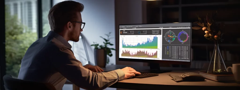 a person sitting at a computer, analyzing data and charts on an seo dashboard.