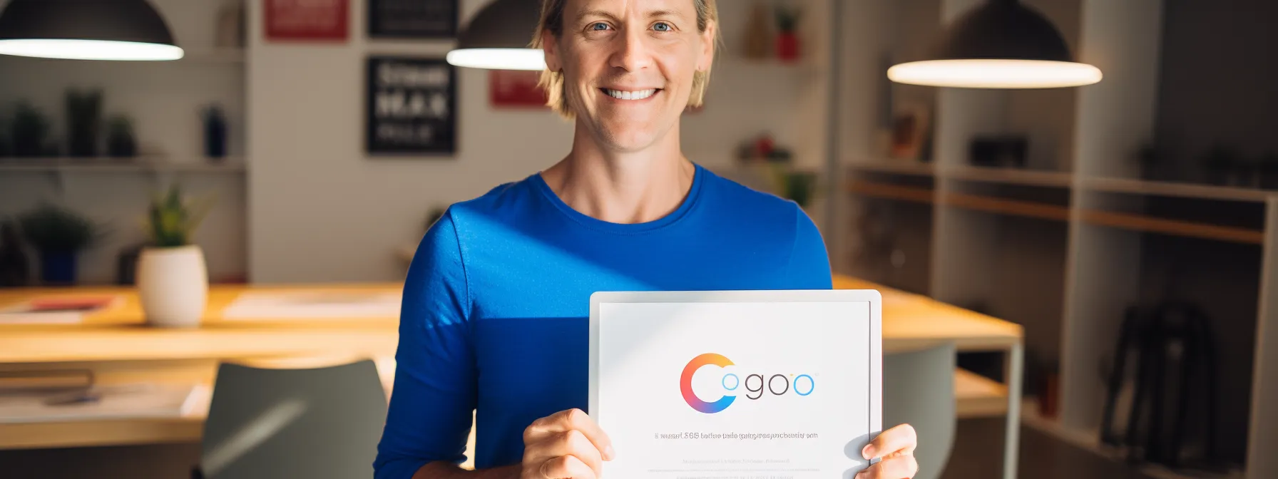 an individual holding a google seo certification awarded by seotheory while standing in front of a laptop and surrounded by digital marketing tools.