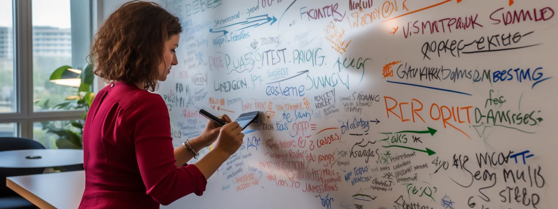 a person writing on a whiteboard with keywords and arrows, symbolizing the connection between content marketing and boosting seo.