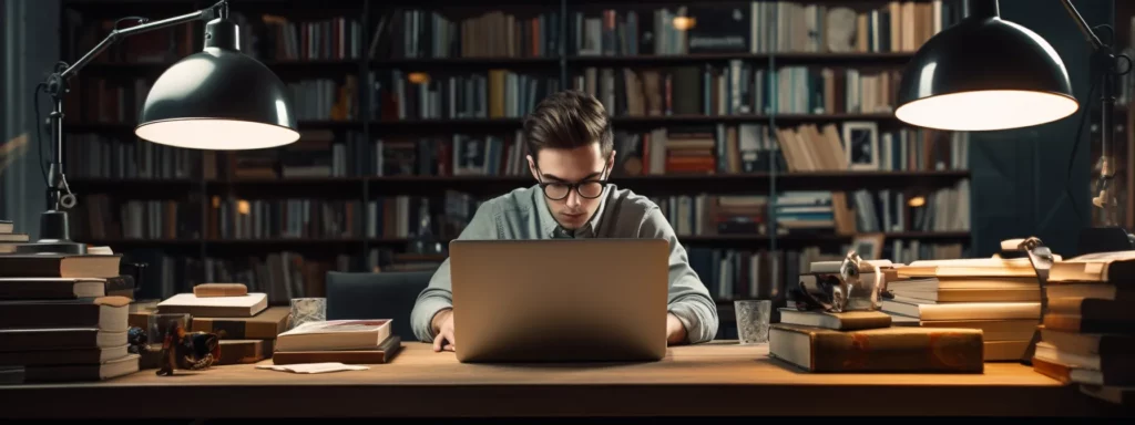 a person with a laptop sitting at a desk surrounded by books on seo.