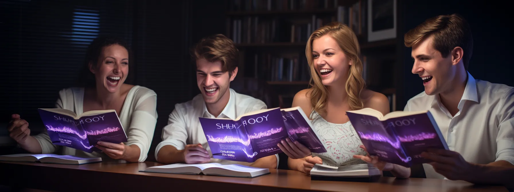 several individuals reading seotheory books with expressions of excitement and accomplishment on their faces, surrounded by charts and graphs displaying the improvement of their online presence.