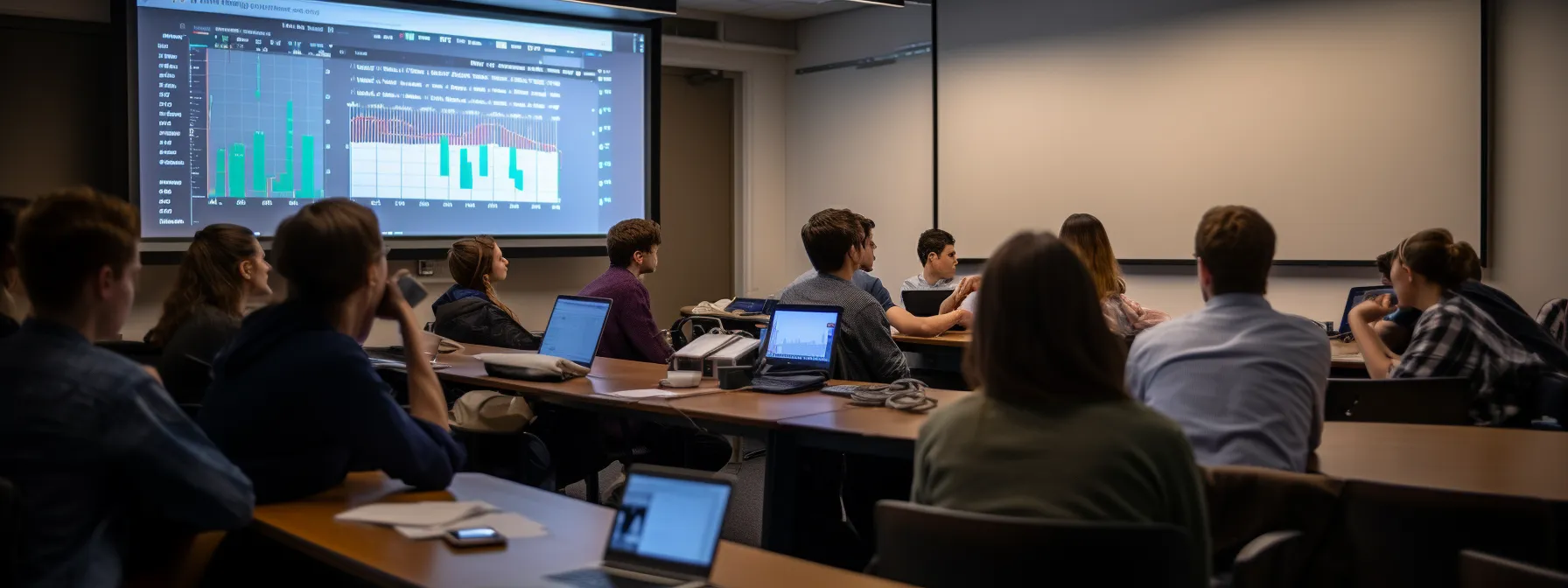 a group of students sitting in a classroom, looking at a computer screen displaying google analytics and taking notes.