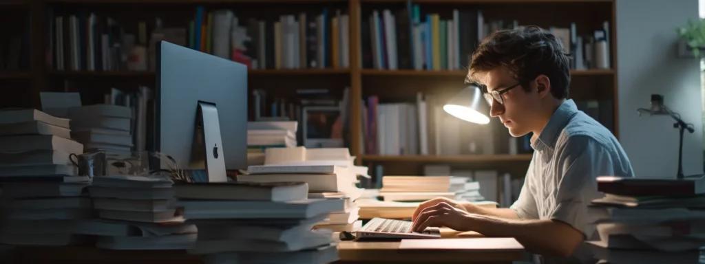 a person sitting at a computer with a determined expression, surrounded by books and notes on seo.