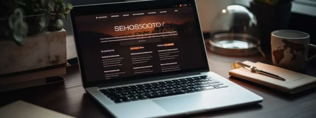 a laptop displaying the website "seotheory" with the words "mastering seo basics: a comprehensive guide" visible.