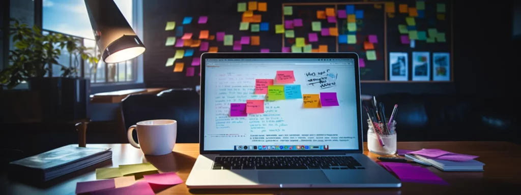 a person sitting at a desk with a laptop and a textbook open, surrounded by colorful sticky notes and a whiteboard with seo and digital marketing strategies written on it.