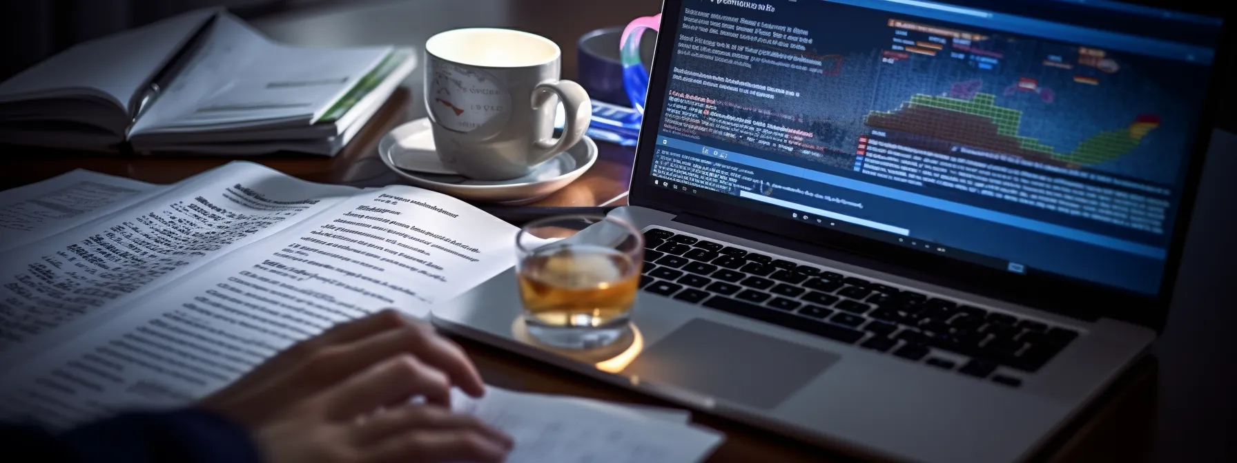 a person studying seotheory's course material on a laptop with notes and a coffee cup, surrounded by seo tools and digital marketing resources.