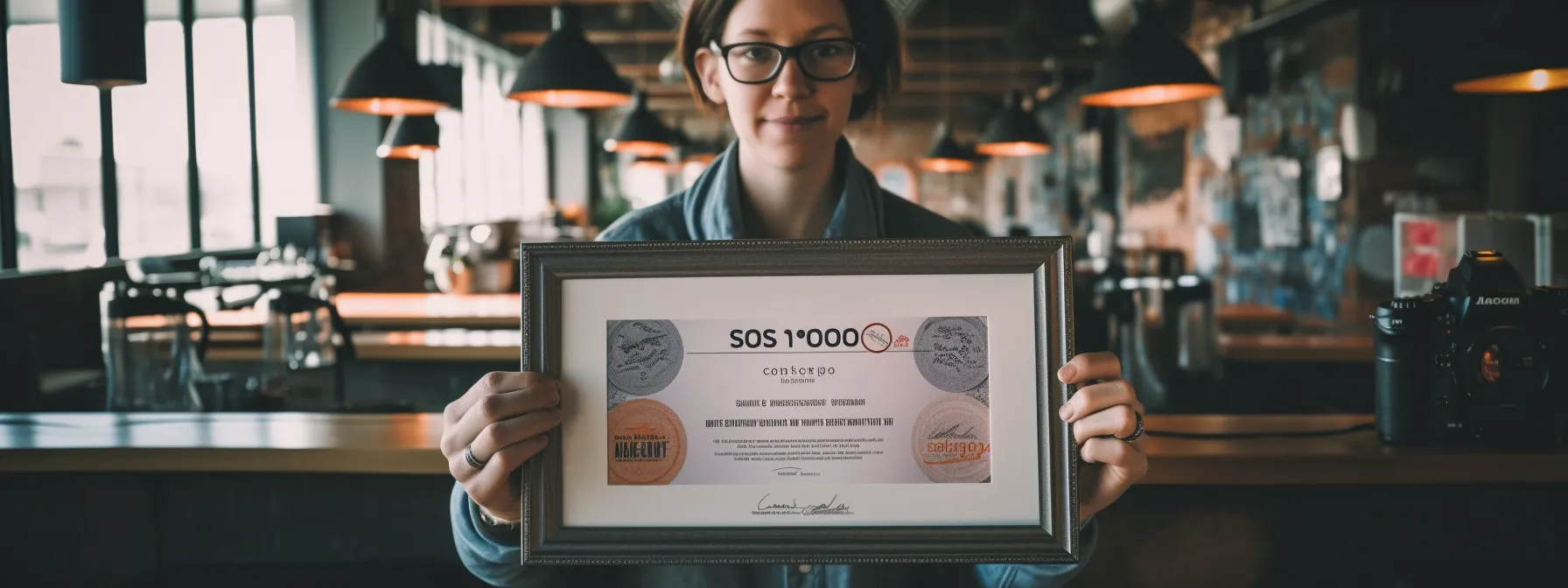 a person holding an seo certificate with a background of various digital marketing tools and strategies.