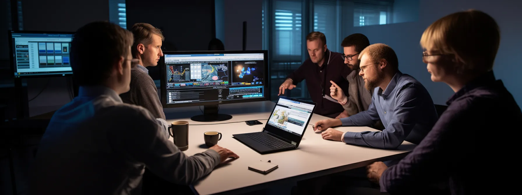 a group of professionals gathered around a computer screen in an seo institute, using state-of-the-art seo tools for continuous learning and support after completing a formal training program.