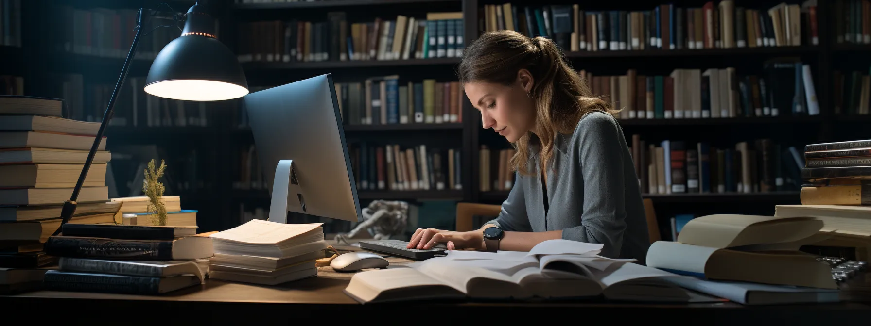 a person sitting at a desk surrounded by books and online resources, studying and analyzing keywords for seo.