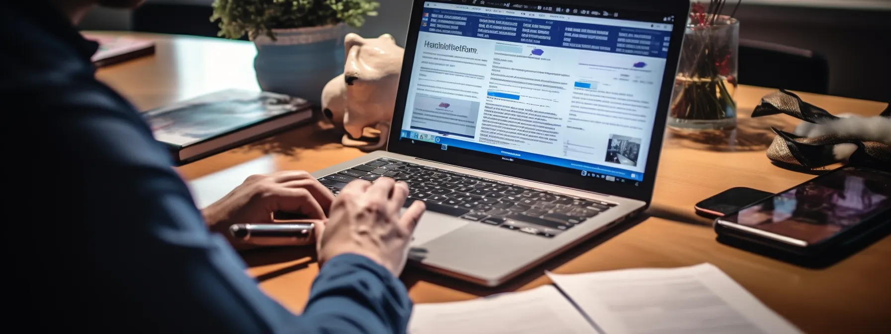a person taking notes and studying a comprehensive seo training course on a laptop, with seo materials and books surrounding them.