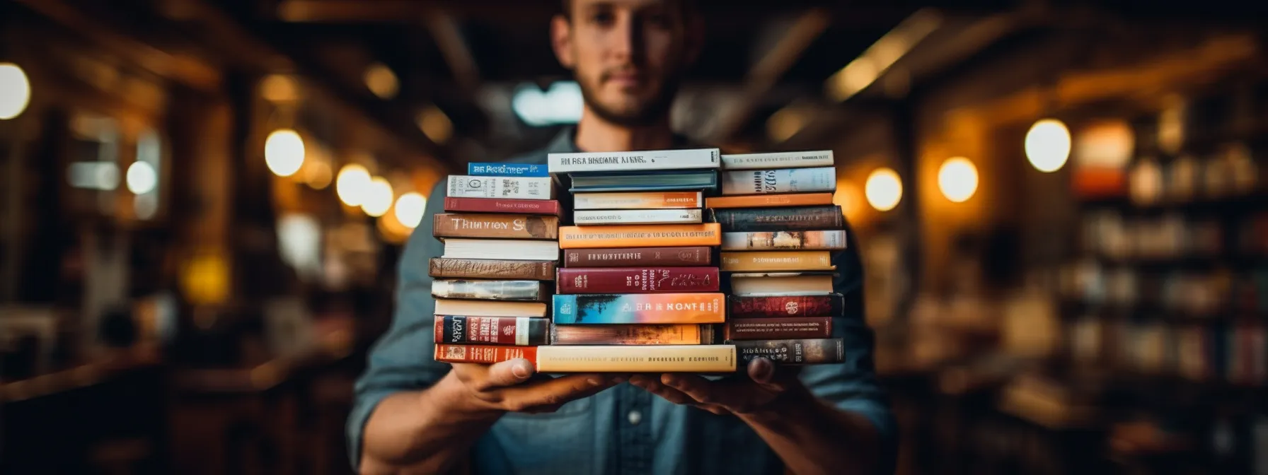 a person holding a stack of books with titles like 'search engine optimizers: the complete guide', 'link building mastery', 'keyword research simplified', and 'evolution of content creation'.