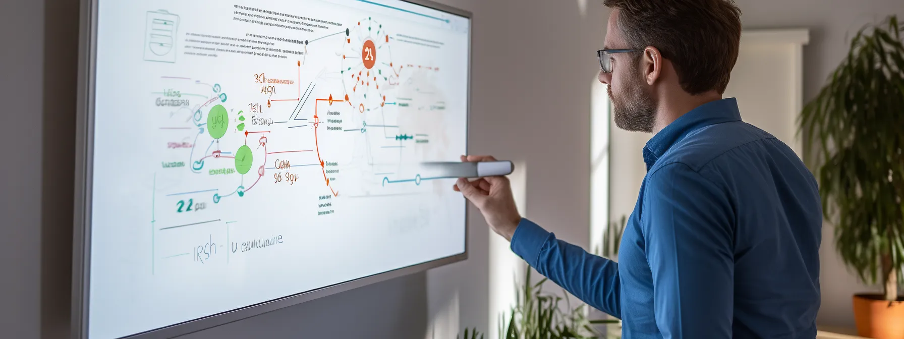 a person studying a whiteboard with keyword clustering strategies and seo ranking impact written on it.