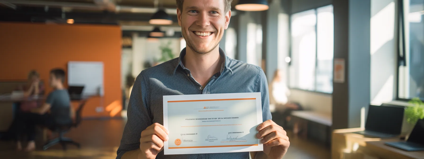 a person holding a certificate of completion for an seotheory course with a big smile on their face.