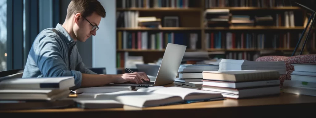 a person sitting at a desk with a laptop, surrounded by books and notes on advanced technical seo, showcasing a scene of someone enhancing their skills through a course.