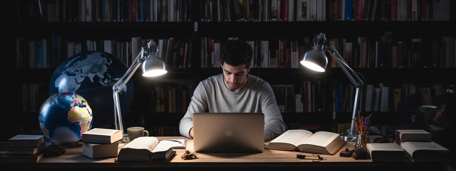 a person studying keyword research and optimization techniques with seotheory materials, surrounded by books and a laptop.