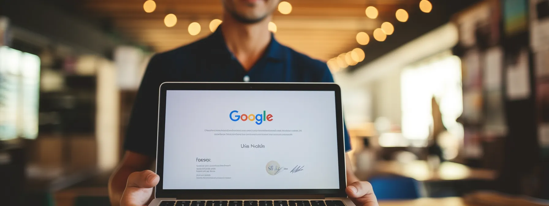 a person holding up a google seo certification with a laptop and digital marketing tools in the background.