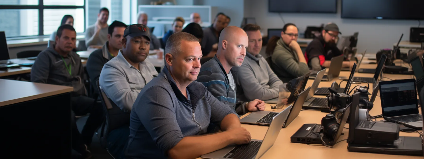 a group of people attending a comprehensive seo training course, learning about the dangers of black hat seo and google penalties.