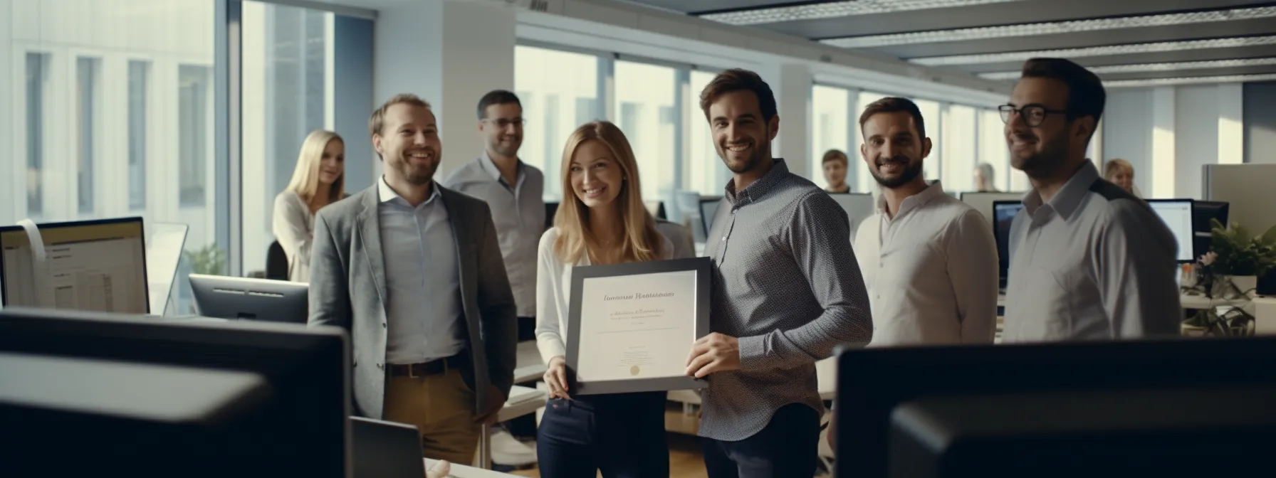 a group of professionals holding seotheory certificates and confidently discussing digital strategies in a modern office setting.
