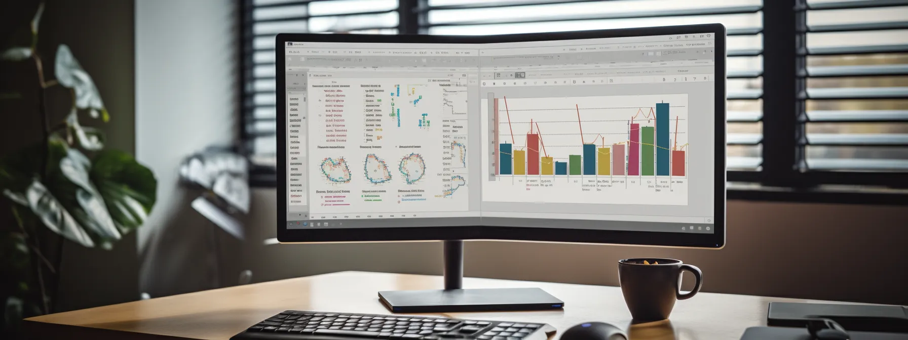 a close-up shot of a person using a keyword research tool on a computer screen, surrounded by charts and graphs representing keyword clustering and seo strategies.