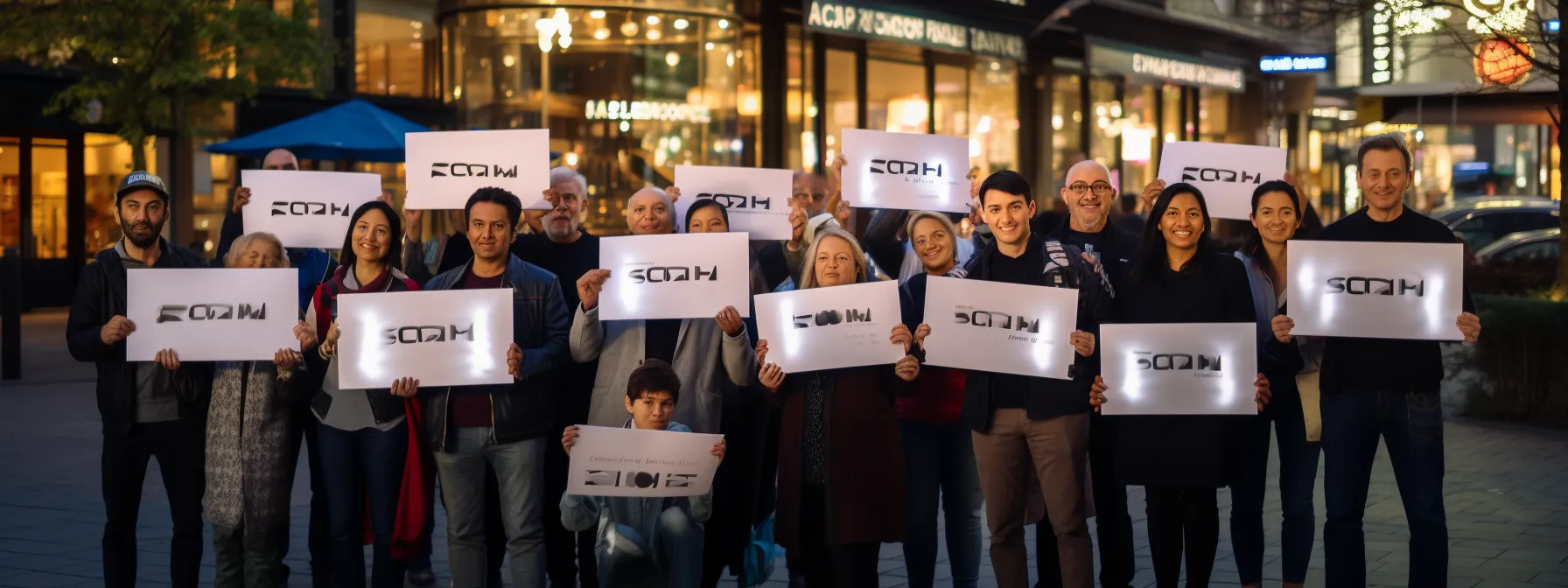 a group of people at a community event holding signs promoting a local online store.