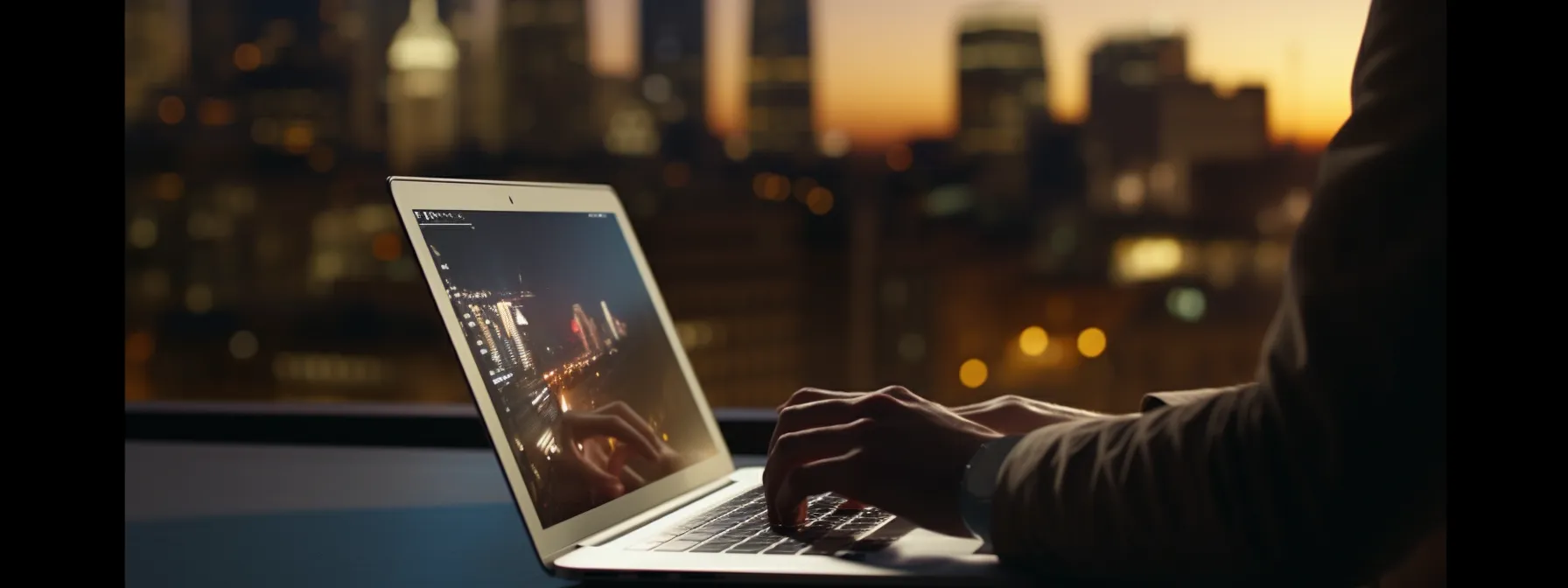 a person typing on a laptop with a skyscraper in the background.