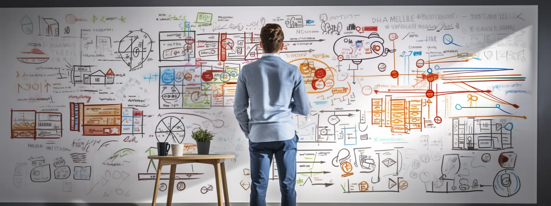 a person studying a whiteboard covered in diagrams and notes about on-page and off-page seo strategies.