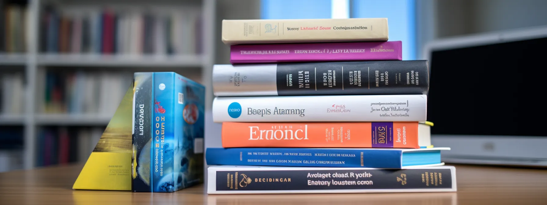 a stack of seo books with various titles and colorful covers sits on a desk, representing a comprehensive library of knowledge on search engine optimization.