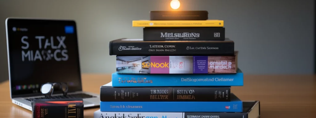 a stack of books, with titles like "seo masters" and "digital marketing secrets", arranged on a table next to a laptop displaying the year "2023".