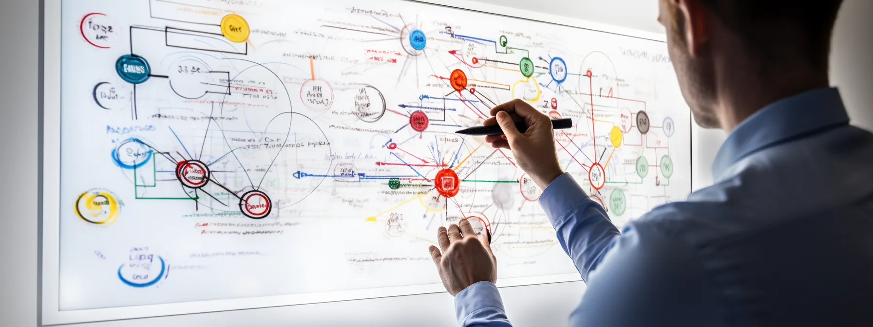 a hand drawing a diagram of interconnected seo tactics and strategies on a whiteboard.