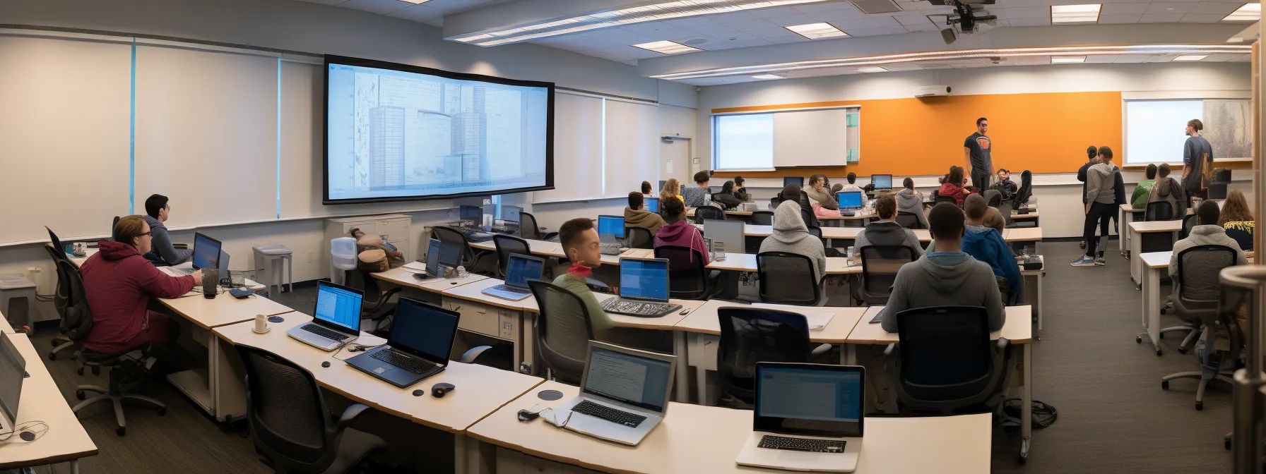 a classroom filled with students at desks, engaging in various levels of seo training programs.