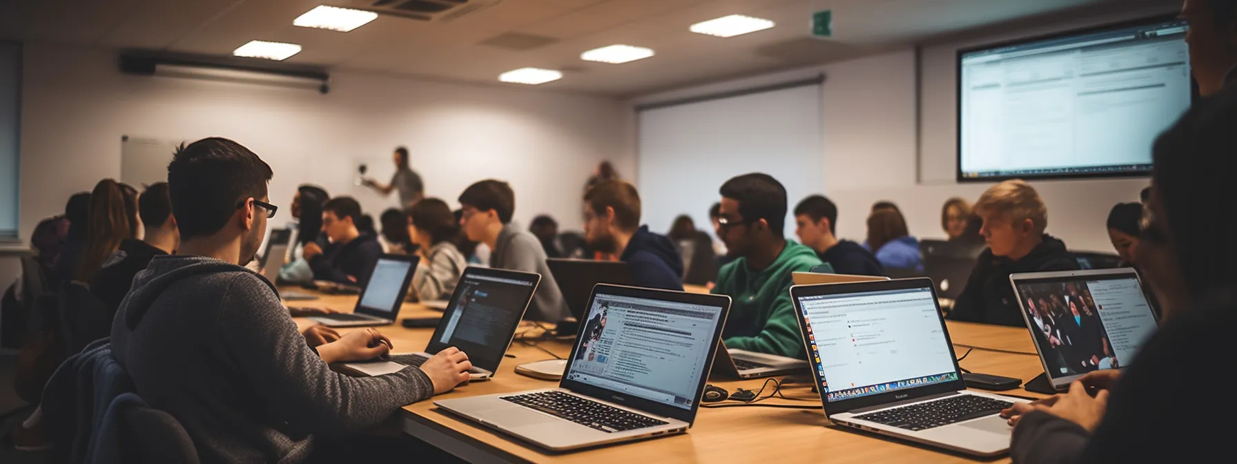 a group of students sitting in a classroom, typing on their laptops and taking notes as an seo specialist speaks at the front of the room.