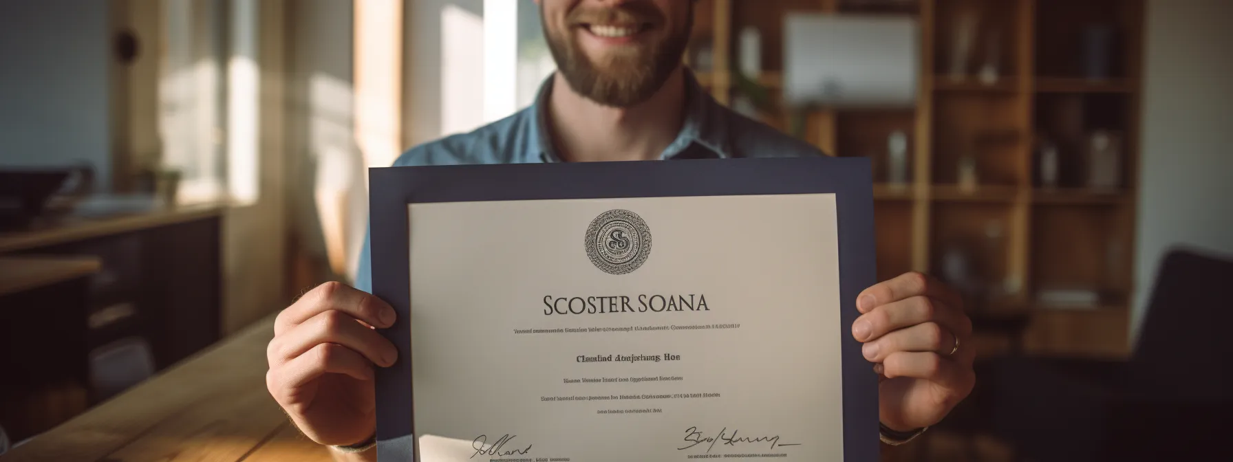 a person holding a certificate of completion for an seo online course.