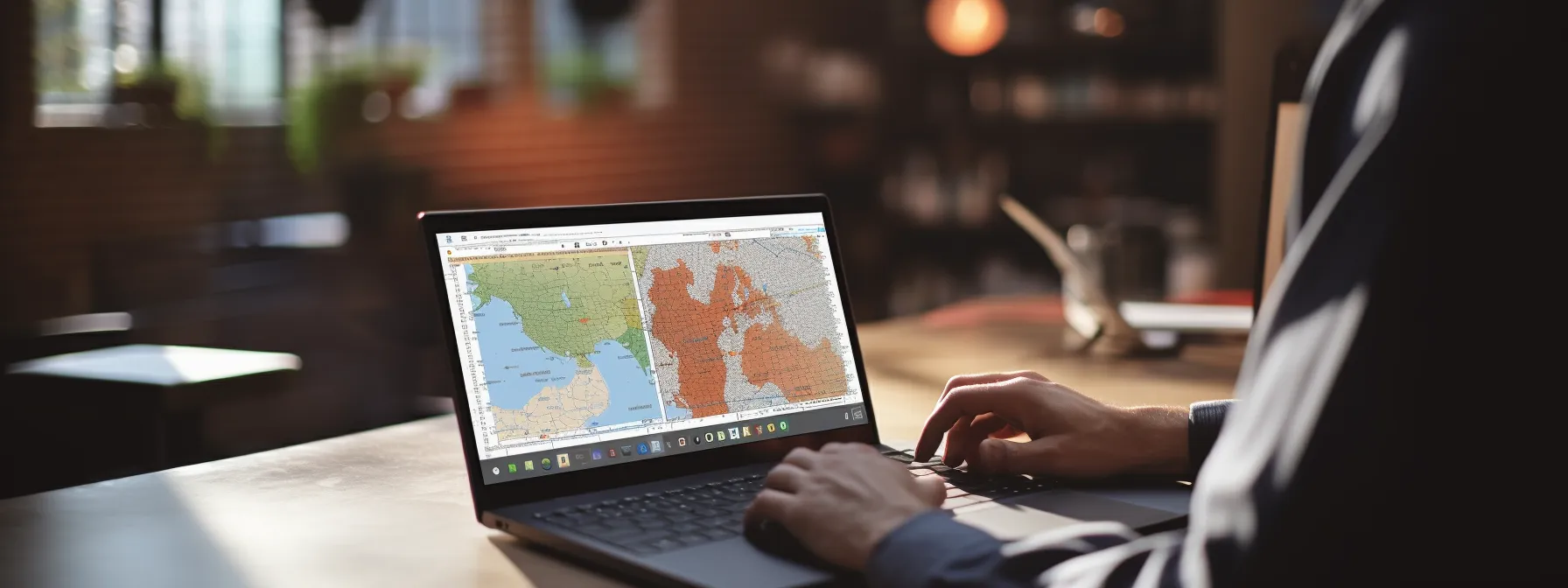 a person typing on a laptop while surrounded by maps and diagrams of local areas.
