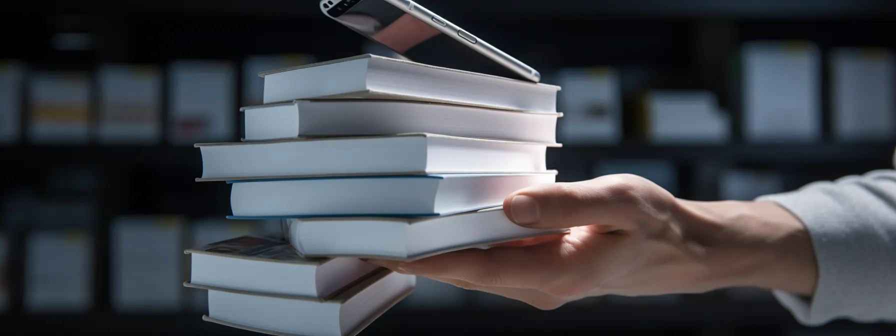 a person holding a stack of seo books with a mobile phone camera pointed towards them.